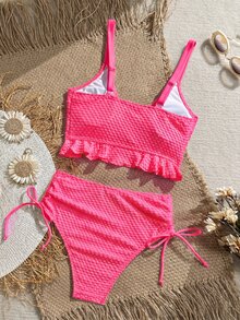 Swim Vcay Women's Solid Color Textured Fabric Sweet Ruffle Drawstring High Waist Cropped Camisole Bikini Top For Beach Vacation - Hot Pink - View 2
