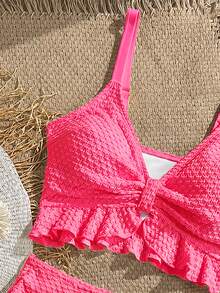 Swim Vcay Women's Solid Color Textured Fabric Sweet Ruffle Drawstring High Waist Cropped Camisole Bikini Top For Beach Vacation - Hot Pink - View 5