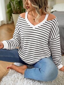 SHEIN LUNE CURVE V-Neck Cold Shoulder Printed Long Sleeve Elegant Minimalist Sweatshirt - Black and White - View 1