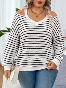 SHEIN LUNE CURVE V-Neck Cold Shoulder Printed Long Sleeve Elegant Minimalist Sweatshirt - Black and White - View 7