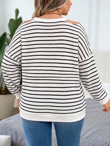 SHEIN LUNE CURVE V-Neck Cold Shoulder Printed Long Sleeve Elegant Minimalist Sweatshirt - Black and White - View 2