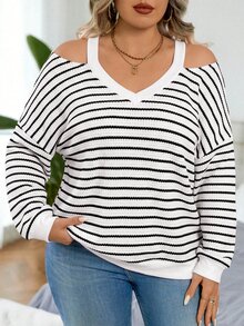 SHEIN LUNE CURVE V-Neck Cold Shoulder Printed Long Sleeve Elegant Minimalist Sweatshirt - Black and White - View 6