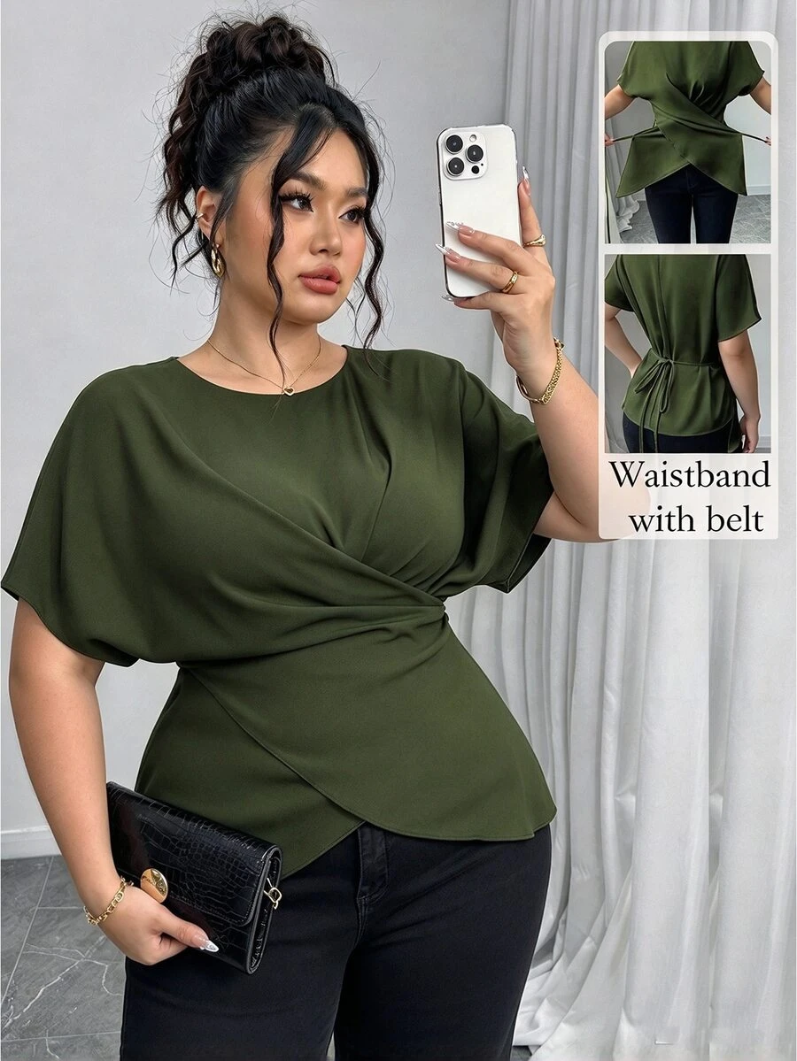 Elenzga Women's Elegant Army Green Summer Shirt,Office Drawstring Bowknot Waist Casual Tops,Work Comfortable Commuting Wrap Asymmetrical Fashion Tops - Army Green - View 1