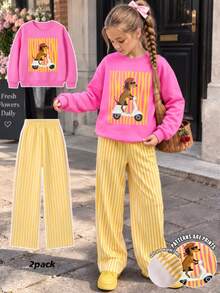 SHEIN 少女女孩 T-Shirt 套裝 粉色白色 短袖上衣長褲 2 件組 保暖秋冬休閒 牛仔女孩風 可愛圓領 校園穿搭 親子款 - 粉色 - 查看 3