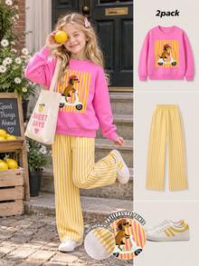 SHEIN 少女女孩 T-Shirt 套裝 粉色白色 短袖上衣長褲 2 件組 保暖秋冬休閒 牛仔女孩風 可愛圓領 校園穿搭 親子款 - 粉色 - 查看 4
