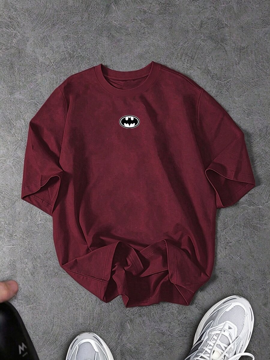 BATMAN X SHEIN Gym Rark 男士圓領休閒百搭日常穿搭與運動短袖T恤，健身房、度假 - 酒紅色 - 查看 1