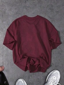 BATMAN X SHEIN Gym Rark 男士圓領休閒百搭日常穿搭與運動短袖T恤，健身房、度假 - 酒紅色 - 查看 2