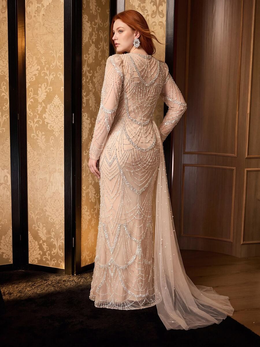 MOTF Soiréza PLUS WOMEN'S LONG SLEEVE PEARL DETAIL ASYMMETRICAL NECKLINE MAXI BEADED GOWN FOR EVENTS AND GALAS - Champagne - View 2