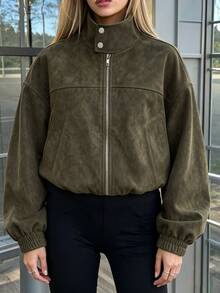 Avenya Women's Vintage Suede Stand Collar Zipper Jacket, Motorcycle Style Utility Zipper Drop Shoulder Crop Top Flight Jacket, Autumn/Winter - Army Green - View 3