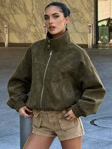 Avenya Women's Vintage Suede Stand Collar Zipper Jacket, Motorcycle Style Utility Zipper Drop Shoulder Crop Top Flight Jacket, Autumn/Winter - Army Green - View 7