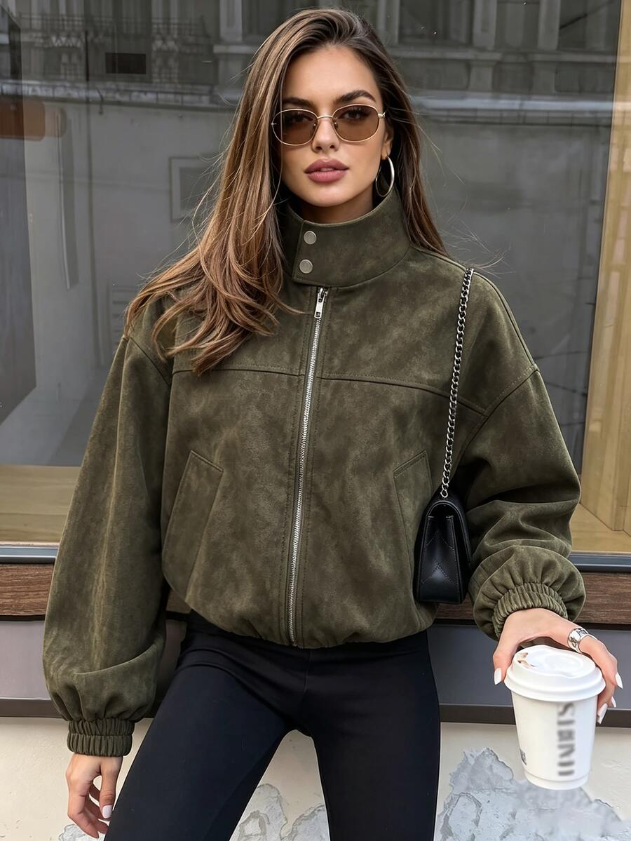 Avenya Women's Vintage Suede Stand Collar Zipper Jacket, Motorcycle Style Utility Zipper Drop Shoulder Crop Top Flight Jacket, Autumn/Winter - Army Green - View 1