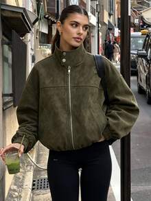 Avenya Women's Vintage Suede Stand Collar Zipper Jacket, Motorcycle Style Utility Zipper Drop Shoulder Crop Top Flight Jacket, Autumn/Winter - Army Green - View 8