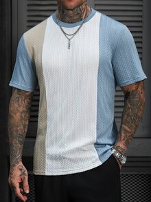 Manfinity Homme 三色垂直條紋拼接男士短袖T恤，3D麻花編織提花面料，寬鬆版型百搭休閒圓領半袖上衣 - 黑色 - 查看 6