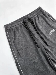 STEELVANCE Men's Letter Print Drawstring Waist Casual Loose Sweatpants - Dark Grey - View 6