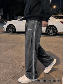 STEELVANCE Men's Letter Print Drawstring Waist Casual Loose Sweatpants - Dark Grey - View 3