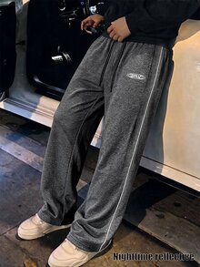 STEELVANCE Men's Letter Print Drawstring Waist Casual Loose Sweatpants - Dark Grey - View 1