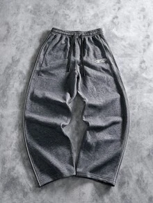 STEELVANCE Men's Letter Print Drawstring Waist Casual Loose Sweatpants - Dark Grey - View 4
