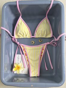 Swim Mod 女款掛脖比基尼兩件式泳衣，條紋格紋飾邊，黃色與白色，夏季可愛熱帶性感，適合泳池、海灘派對、度假、假期曬曬、花卉風 - 彩色 - 查看 8