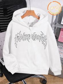 SHEIN Kids Tween Boys' Street-Style Gothic Letter Print White Zip-Up Autumn Hoodie - White - View 3