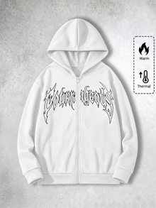 SHEIN Kids Tween Boys' Street-Style Gothic Letter Print White Zip-Up Autumn Hoodie - White - View 5