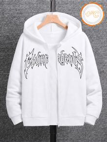 SHEIN Kids Tween Boys' Street-Style Gothic Letter Print White Zip-Up Autumn Hoodie - White - View 6