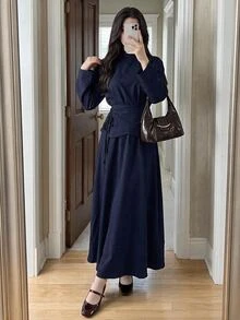 Solavon 女款純色圓領長袖側結優雅阿拉伯風洋裝 - 藏蓝色 - 查看 3