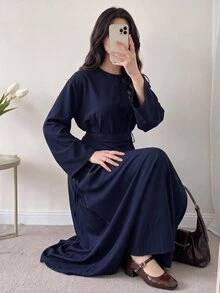Solavon 女款純色圓領長袖側結優雅阿拉伯風洋裝 - 藏蓝色 - 查看 5