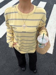 Muchica 大尺碼女款針織條紋寬鬆長袖運動衫，休閒學院風復古長袖運動衫，藍色字母印花冬季款 - 彩色 - 查看 5
