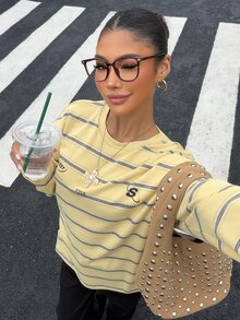 Muchica 大尺碼女款針織條紋寬鬆長袖運動衫，休閒學院風復古長袖運動衫，藍色字母印花冬季款 - 彩色 - 查看 2