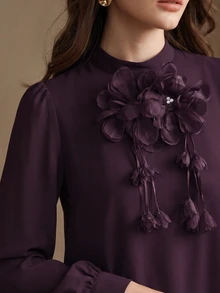 Anewsta Women's New Purple Autumn/Winter Elegant Stand Collar 3D Floral Ruffle Pleated Skirt 2 Pieces Set, Suitable For Commute, Vacation, Gathering, Party - Purple - View 2