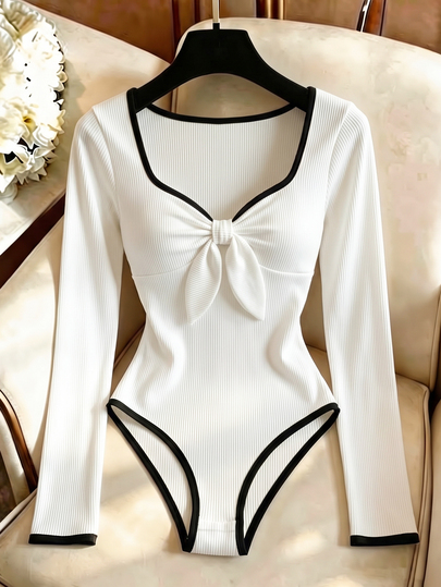 Resyla Women's Minimalist Tie-Up Ruched Striped Colorblock Bodysuit