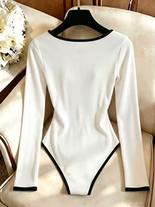 Resyla Women's Minimalist Tie-Up Ruched Striped Colorblock Bodysuit - White - View 2