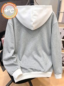 SHEIN 青少年男孩休閒拼接對比色運動衫，灰色與白色，英文印花，保暖內裡，百搭日常穿著，秋冬款 - 灰色 - 查看 2