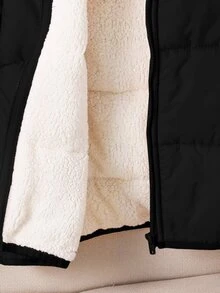 SHEIN 秋冬少女纯色休闲连帽拉链棉服外套 - 黑色 - 查看 6