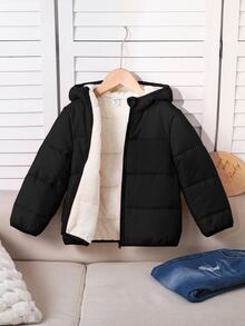 SHEIN 秋冬少女纯色休闲连帽拉链棉服外套 - 黑色 - 查看 5