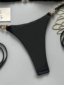 SHEIN Swim Women's Spring/Summer Solid Color Halter Tie Bikini Set With Metal Decor - Black - View 6