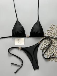 SHEIN Swim Women's Spring/Summer Solid Color Halter Tie Bikini Set With Metal Decor - Black - View 2