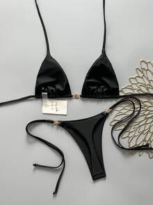 SHEIN Swim Women's Spring/Summer Solid Color Halter Tie Bikini Set With Metal Decor - Black - View 4