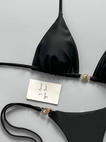 SHEIN Swim Women's Spring/Summer Solid Color Halter Tie Bikini Set With Metal Decor - Black - View 5