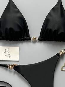 SHEIN Swim Women's Spring/Summer Solid Color Halter Tie Bikini Set With Metal Decor - Black - View 7