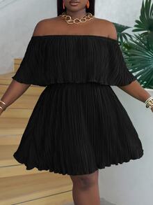 Veslaya Plus Size Off-Shoulder Ruffled Neckline Loose Green Dress In Pleated Fabric - Black - View 7