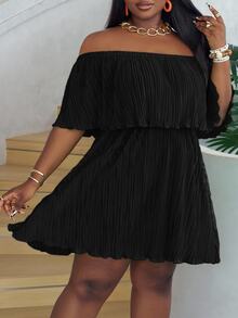 Veslaya Plus Size Off-Shoulder Ruffled Neckline Loose Green Dress In Pleated Fabric - Black - View 4
