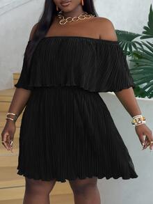 Veslaya Plus Size Off-Shoulder Ruffled Neckline Loose Green Dress In Pleated Fabric - Black - View 3
