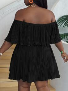 Veslaya Plus Size Off-Shoulder Ruffled Neckline Loose Green Dress In Pleated Fabric - Black - View 2