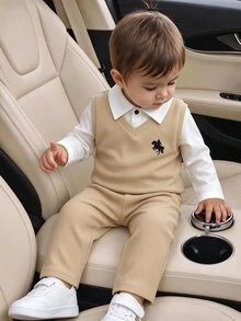 SHEIN 兒童 3 件組小男孩可愛休閒百搭上衣、長袖白色襯衫、休閒長褲套裝，適合生日派對、派對、表演、婚禮 - 彩色 - 查看 3