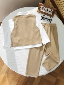 SHEIN 兒童 3 件組小男孩可愛休閒百搭上衣、長袖白色襯衫、休閒長褲套裝，適合生日派對、派對、表演、婚禮 - 彩色 - 查看 2