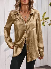 EMERY ROSE Women's Metallic Sheen Casual Minimalist Shirt, For Daily Wear For New Year Holiday Party Clothes - Gold - View 2