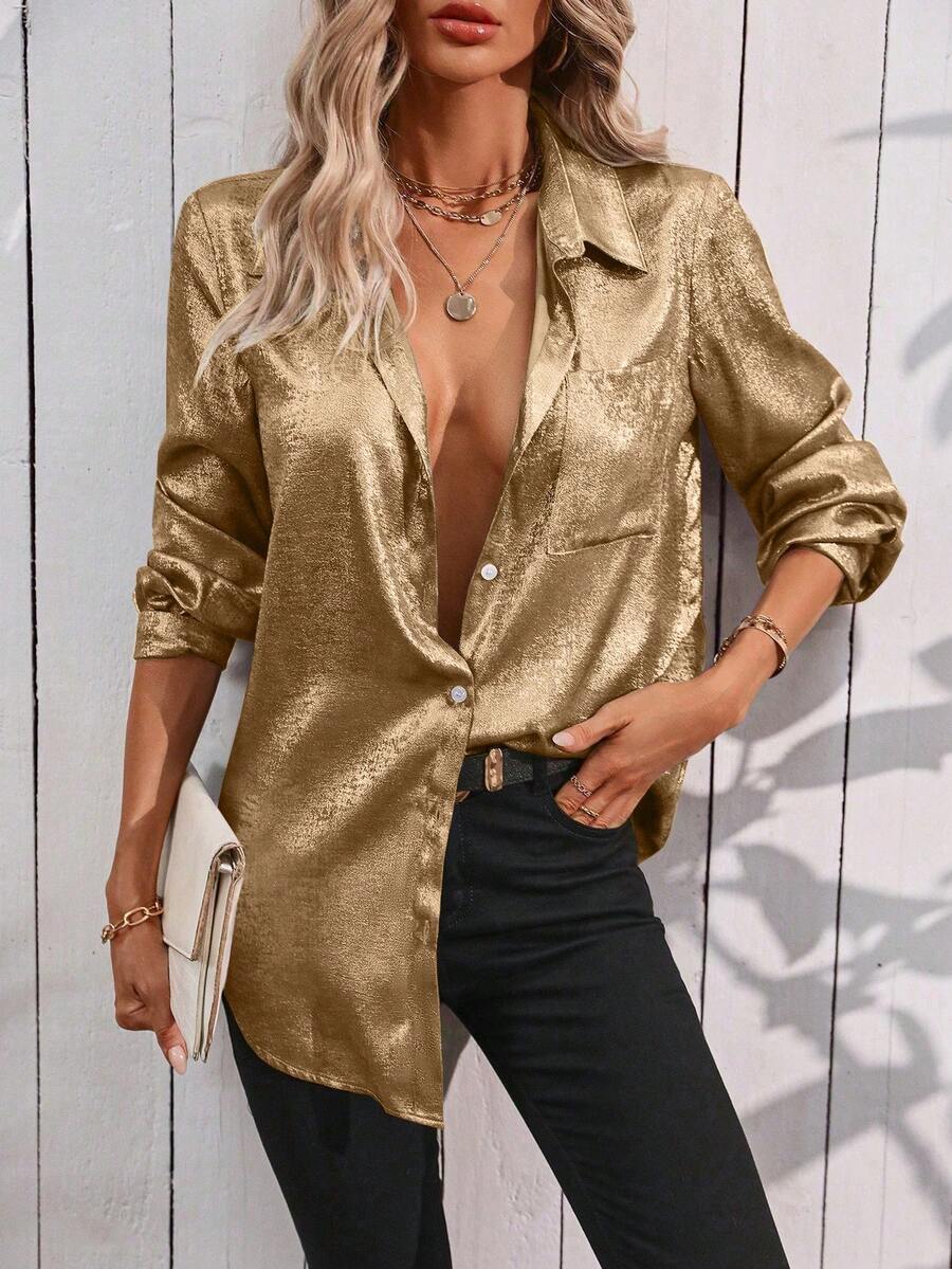 EMERY ROSE Women's Metallic Sheen Casual Minimalist Shirt, For Daily Wear For New Year Holiday Party Clothes - Gold - View 1