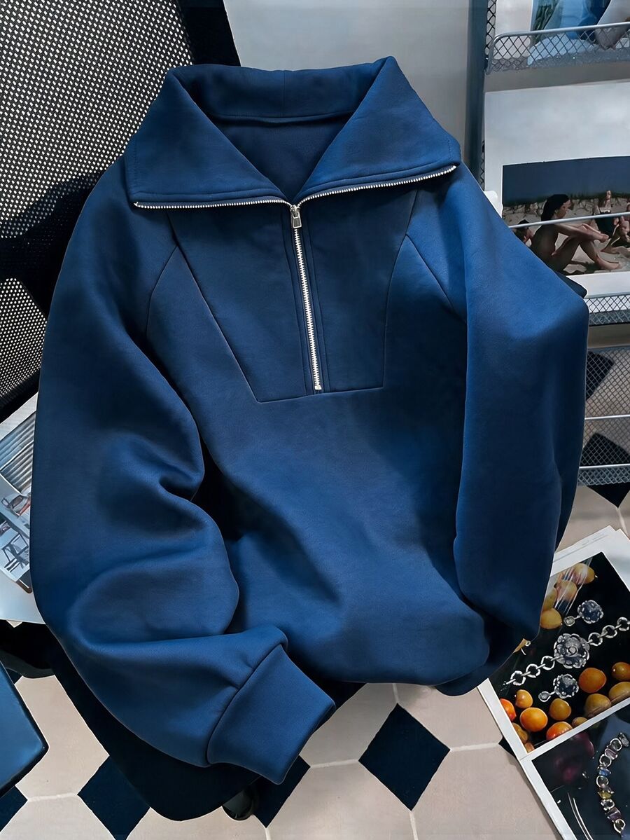INAWLY Autumn/Winter Thermal Lined Thick Loose Fit Flattering Lapel Half-Zip Casual Sports Sweatshirt For Women - Blue - View 1
