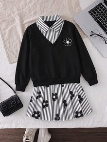 SHEIN Elladie kids 青少年女孩運動衫套裝，黑白配色，連帽衫 + 慢跑褲 2 件組，秋季，80年代風，圓領，字母印花，抓絨校園校外穿搭可愛 - 黑色 - 查看 3